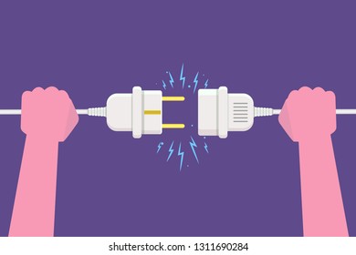 Hand Disconnecting Plug with electricity spark. Vector illustration in flat style