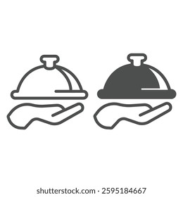 Hand and dish with lid line and solid icon, culinary cooking concept. Vector graphics. Dish plate on hand, food service sign on white background, outline style icon for mobile or web design