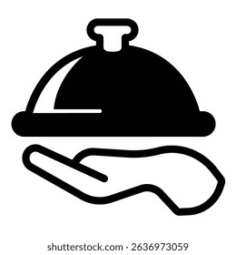 Hand and dish with lid solid icon, culinary cooking concept. Vector graphics. Dish plate on hand, food service sign on white background, style mobile or design