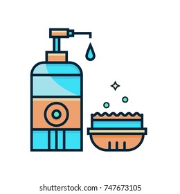 Hand dishwashing detergent and sponge into container. Bottle with liquid for washing and scrubber vector flat line color illustration. House clean service concept.