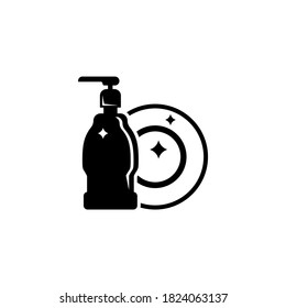 Hand Dishwashing Liquid with Clean Plate. Flat Vector Icon illustration. Simple black symbol on white background. Hand Dishwashing Liquid and Plate sign design template for web and mobile UI element