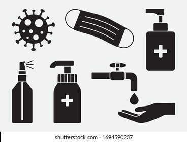 Hand disinfect. Virus prevention. Protection, hygiene. Black icons. Vector illustration