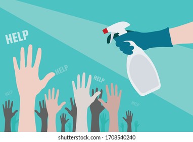 A hand with disinfectant Is injecting into the hands that need help
