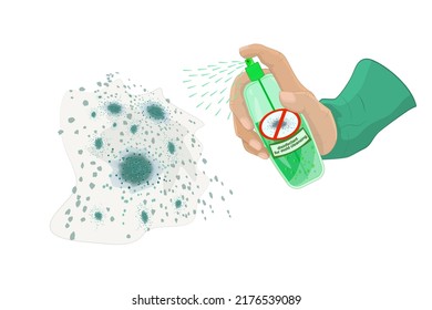 Hand with disinfectant spray bottle for mold clean. Detergent sprayer against mildew and germs in arm.Aerosol can for remove mould.Hand presses the bottle dispenser on mold stain.Mold cleansing.Vector