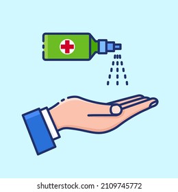 Hand and disinfectant spray. Hand disinfection concept. Prevention of infectious diseases. Collection of icons on light blue background. Vector colored illustrations on the theme of health care.