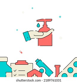 Hand disinfection filled line vector icon, simple illustration, related bottom border.