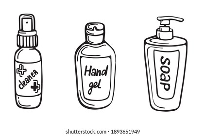 Hand disinfection kit: disinfectant, cleaner, antibacterial soap. Hand drawn vector illustration in doodle style. Cleaner, sanitizer. Gel for cleaning hands. Design for printing
