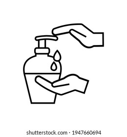 Hand disinfection. Liquid soap and hands in a black outline. Removal of microorganisms and dirt from the skin. Regular hand washing with soap and hand sanitizer. Vector graphics.