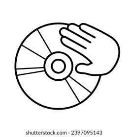 Hand with disk. DJ. Music. Black and white drawing, icon, coloring page. Vector illustration.