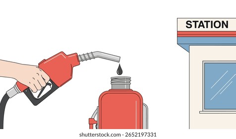 Uma mão distribui combustível de uma bomba de gás em um contêiner vermelho em um prédio de estação de serviço com um céu azul