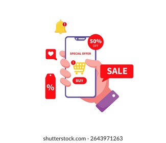 Hand displaying a 50% off sale on a phone screen. Perfect for promoting discounts, sales, ecommerce, online shopping, and marketing materials.