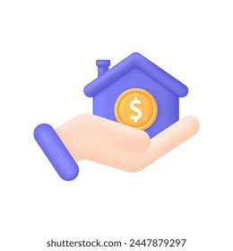 A hand is displaying an electric blue toy house with a dollar sign. Property concept. Trendy and modern vector in 3D style