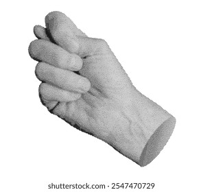 Mano que muestra el gesto de la higuera con el pulgar entre los dedos, aislado en estilo retro del punto del semitono. El nostálgico símbolo de provocación o insulto inspirado en la década de 1990. Textura grunge de Antiguas