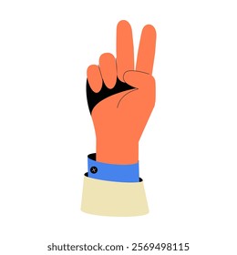 Hand Displaying A Peace Sign Gesture In Flat Vector Illustration Symbolizing Peace, Victory, And Unity, Isolated On White Background