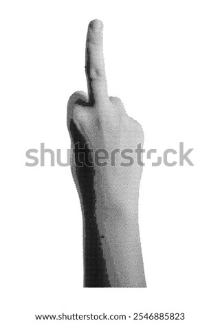Hand displaying a rude middle finger gesture, isolated in retro halftone dot style. Provocative and offensive sign symbolizing aggression, inspired by 1990s vintage grunge
