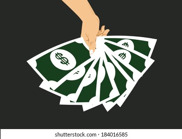  hand displaying a spread of cash.  flat design elements.  concept vector illustration  