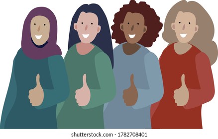 está mostrando una imagen en miniatura hacia arriba. mujeres felices de diferentes nacionalidades como o aprobar algo Diferentes etnias mujeres africanas, asiáticas, europeas y árabes. Ilustración vectorial plana
