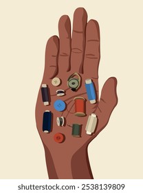 A hand displays a compact sewing kit featuring different colored threads and buttons