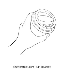 hand with disposable coffee cup, line drawing isolated symbol at white background