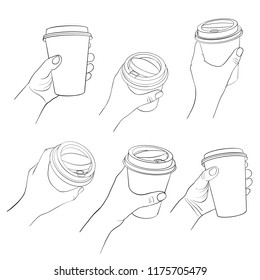 hand with disposable coffee cup, line drawing isolated symbol at white background