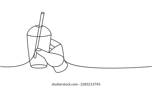 Hand mit Einweg-Plastikbecher eine Linie Dauerzeichnung. Leere Glas- oder Plastikflasche durchgängig eine einzeilige Illustration.
