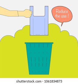 Hand disposing a plastic bag into the bin with text balloon. Reduce the use of plastic bag concept. Vector illustration.