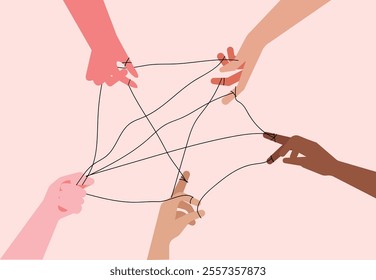 Hand of diverse people all together simplifying difficult tangles illustration