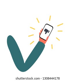 Hand with dizlike phone. Cyberbullying, bullying using electronic means, online pressure. Dislike, parting, disappointment, depression, sadness, social media - Vector