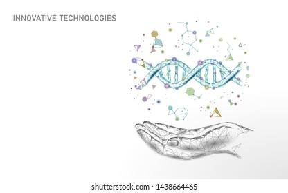 Hand DNA gene therapy concept. Medical consultation app. Web healthcare diagnosis geometric modern hospital network banner. Drugstore market background low poly