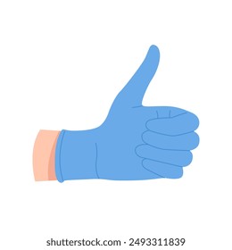 Hand of doctor in blue plastic glove showing thumbs up gesture vector illustration