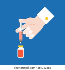 hand of doctor drawing up medication from a vial in to syringe, flat design vector