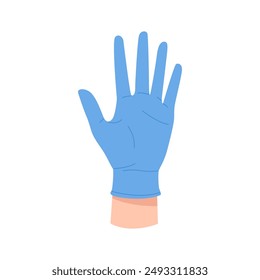 Hand of doctor in latex sterile blue glove, raised open palm vector illustration