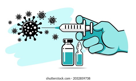Hand of doctor in medical glove inject vaccine against coronavirus. Bottle and vial containing drug for COVID-19. Time to vaccinate poster or website landing page, vector template