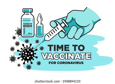 Hand of doctor or nurse in medical glove makes vaccine against coronavirus. Bottle and vial containing drug for COVID-19. Time to vaccinate poster or website landing page, vector on transparent backgr