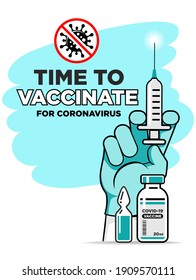 Hand of doctor or nurse in medical glove makes vaccine against coronavirus. Bottle and vial containing drug for COVID-19. Time to vaccinate poster or website landing page, vector on transparent backgr