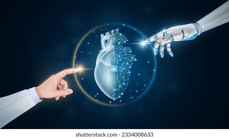 Hand von Arzt und Roboter Finger oder Cyborg künstliche Intelligenz AI berührend Herz. Virtuelle Schnittstelle menschlicher Organe. Innovative Technologie in der wissenschaftlichen medizinischen Versorgung futuristisch. 3D-Vektorgrafik.