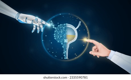 Hand of doctor and robot finger or cyborg artificial intelligence AI touching bladder. Human organ virtual interface. Innovative technology in science medical health care futuristic. 3D Vector.