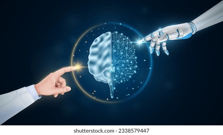 Hand of doctor and robot finger or cyborg artificial intelligence AI touching brain. Human organ virtual interface. Innovative technology in science medical health care futuristic. 3D Vector.