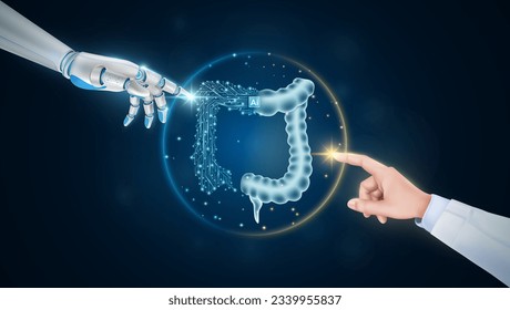 Hand of doctor and robot finger or cyborg artificial intelligence AI touching intestine. Human organ virtual interface. Innovative technology in science medical health care futuristic. 3D Vector.