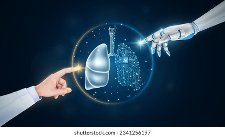 Hand of doctor and robot finger or cyborg artificial intelligence AI touching lung. Human organ virtual interface. Innovative technology in science medical health care futuristic. 3D Vector.