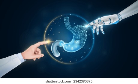 Mano del doctor y el dedo robot o la inteligencia artificial del ciborg IA tocando el estómago. Interfaz virtual de órganos humanos. Tecnología innovadora en la ciencia de la atención médica futurista. Vector 3D.