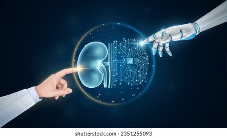 Hand von Arzt und Roboter Finger oder Cyborg künstliche Intelligenz AI berührend Nieren. Virtuelle Schnittstelle menschlicher Organe. Innovative Technologie in der wissenschaftlichen medizinischen Versorgung futuristisch. 3D-Vektorgrafik.