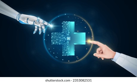 Hand of doctor and robot finger or cyborg artificial intelligence AI touching medical sign symbol blue cross. Innovative technology in science medical health care futuristic. 3D Vector.