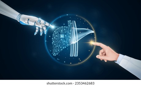 Hand of doctor and robot finger or cyborg artificial intelligence AI touching liver. Human organ virtual interface. Innovative technology in science medical health care futuristic. 3D Vector.