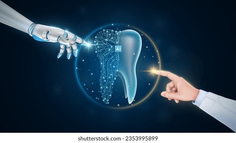 Hand of doctor and robot finger or cyborg artificial intelligence AI touching tooth. Human organ virtual interface. Innovative technology in science medical health care futuristic. 3D Vector.