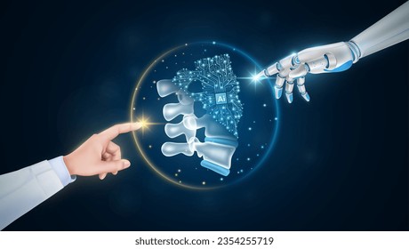 Mano del doctor y el dedo robot o la inteligencia artificial del ciborg IA tocando el hueso de la columna vertebral. Interfaz virtual de órganos humanos. Tecnología innovadora en la ciencia de la atención médica futurista. Vector 3D.