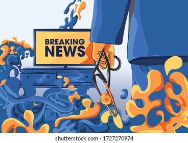Hand of doctor with stethoscope looking to breaking news on television 