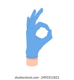 Hand of doctor in surgical blue glove showing okay, like gesture vector illustration