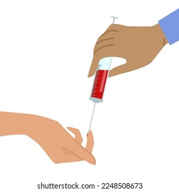 Mano del médico que toma la muestra sanguínea de ilustración vectorial. Dibujo de caricatura de la jeringa con líquido rojo, dedo de la aguja del paciente sobre fondo blanco. Salud, medicina, tratamiento, concepto de diagnóstico