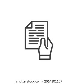 Hand with document line icon. linear style sign for mobile concept and web design. Hand with report outline vector icon. Symbol, logo illustration. Vector graphics